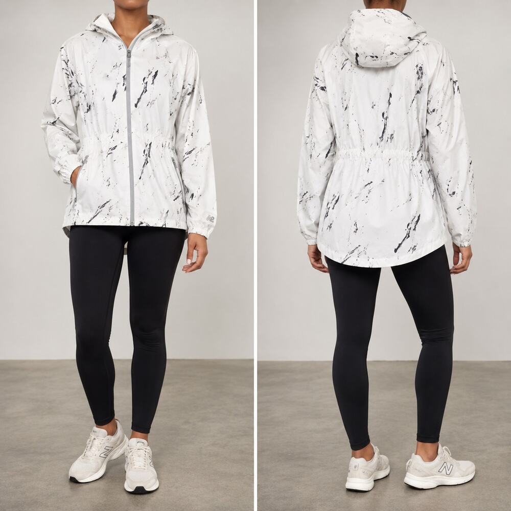 New Balance Windbreaker Jacket Womens L White Black Marble Hooded Cinch Waist